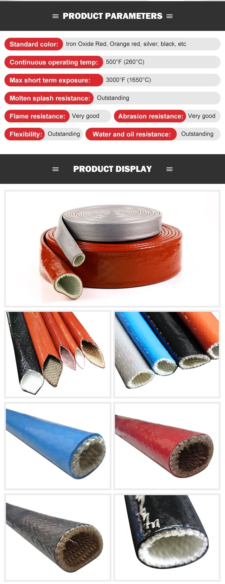Flame Shield Protection Hose Cover Fire Guard Red Silicone-Fiberglass Firesleeve Glass Textile Silicon Coated Insulation Tube